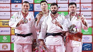 The men's podium on the third day of the Judo Grand Slam in Mongolia
