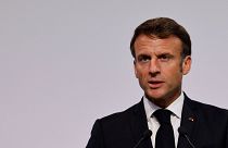 French President Emmanuel Macron delivers a speech.