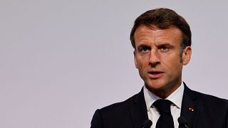 French President Emmanuel Macron delivers a speech.