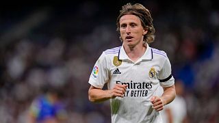 Real Madrid's Luka Modric runs on the pitch during a Spanish La Liga soccer match between Real Madrid and Getafe at the Santiago Bernabeu stadium in Madrid, Spain, May 13 2023