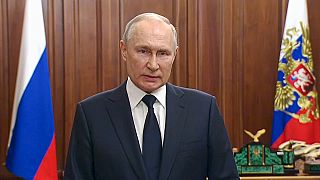 In this handout photo taken from video released by Russian Presidential Press Service, Russian President Putin addresses to the nation in Moscow, Russia, 26 June, 2023