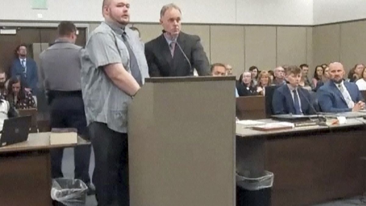 Anderson Lee Aldrich, left, the suspect in a mass shooting that killed five people at a Colorado Springs LGBTQ+ nightclub last year, appears in court Monday, June 26, 2023,