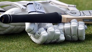 FILE - A close up view of cricket gloves and bat during the second day of the 2nd Test match between England and New Zealand at Edgbaston cricket ground in Birmingham, England
