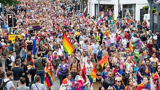 People take part in the Pride Edinburgh 2023 parade through Edinburgh city center, Scotland, Saturday June 24, 2023. 
