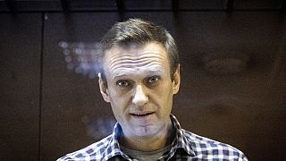 ARCHIVO - El líder de la oposición rusa Alexei Navalni en la jaula en el Tribunal de Distrito Babuskinsky en Moscú, Rusia,  el 20 de febrero de 2021.