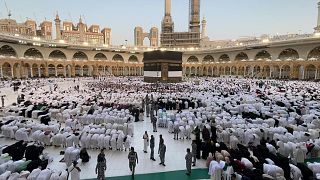 Muslim pilgrims at the annual Hajj pilgrimage near the holy city of Mecca, Saudi Arabia.