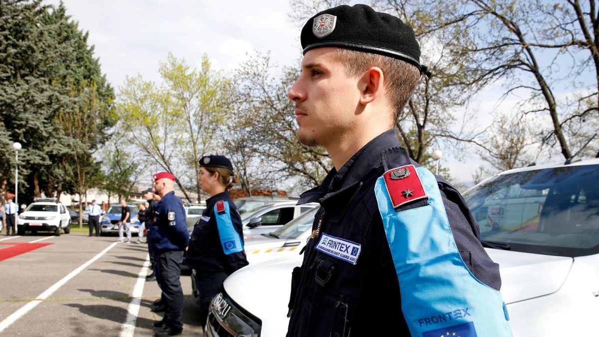 Frontex Standing Corps are lined up during the official launch of the Frontex Joint Operation in North Macedonia, at police barracks in Skopje, North Macedonia, in April 2023.