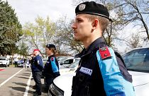 Frontex Standing Corps are lined up during the official launch of the Frontex Joint Operation in North Macedonia, at police barracks in Skopje, North Macedonia, in April 2023.