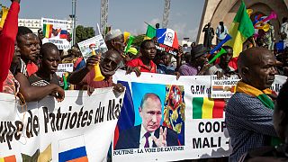 Malians demonstrate against France and in support of Russia on the 60th anniversary of the independence of the Republic of Mali, in Bamako, Mali. 22 September 2020