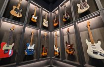 Guitars on display in the first global flagship store by US guitar maker Fender, in Tokyo on June 29, 2023.