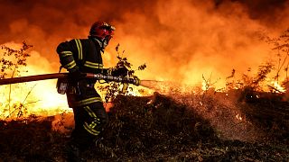 A firefighter fights fire near Louchats in Gironde, southwestern France on July 17, 2022