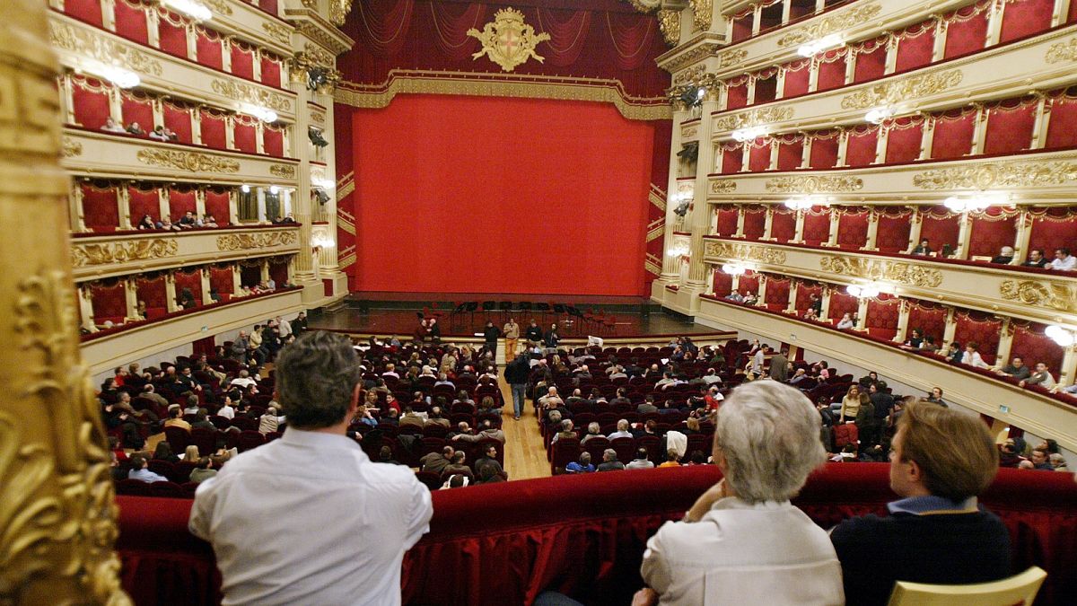 Worker sit in the royal balcony at La Scala theatre during a meeting by members of the four unions representing the Lyrical-Symphonic workers in Milan, Italy, March, 16, 2005.