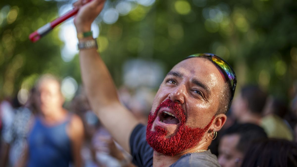 A participant takes part during the annual Pride march in Madrid, Spain, Saturday, July 1, 2023. 