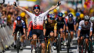 France's Victor Lafay crosses the finish line to win the second stage of the Tour de France