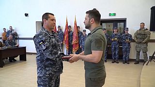 Ukrainian President Volodymyr Zelenskyy awards medals on Navy Day at Odesa