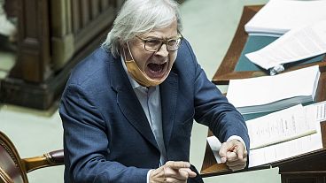 MP Vittorio Sgarbi shouts as he argues with other lawmakers during a debate on Justice in the parliament in Rome. Thursday, 25 June 2020. 
