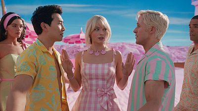 Margot Robbie, Ryan Gosling and Simu Liu in Greta Gerwig's 'Barbie'
