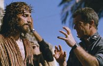 Jim Caviezel (left) and Mel Gibson (right) on the set of 2004's The Passion of the Christ