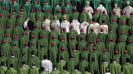 Bishops and Cardinals attend a Mass celebrated by Pope Francis for the opening of a synod, a meeting of bishops, in St. Peter's Square at the Vatican, Wednesday, 3 Oct. 2018.