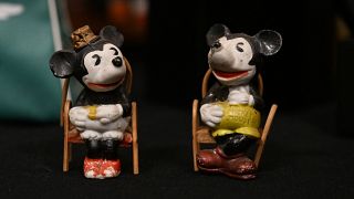 Early Mickey Mouse figurines are displayed during a media tour of the Walt Disney Archives,on June 20, 2023.