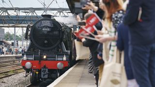 The Flying Scotsman pulls into Doncaster station, UK.