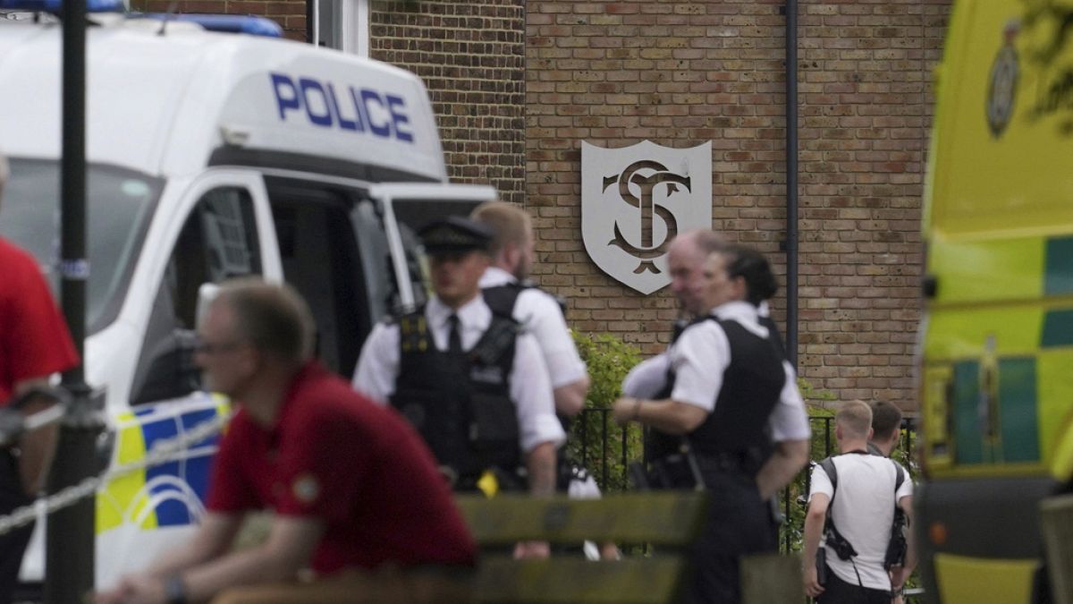 A view of the scene of an incident at a primary school, in Wimbledon, London, Thursday, July 6, 2023. 