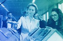 European Commission President Ursula von der Leyen looks at an invention at the AI Xperience Center at the Vrije Universiteit Brussel) in Brussels, February 2020