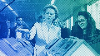 European Commission President Ursula von der Leyen looks at an invention at the AI Xperience Center at the Vrije Universiteit Brussel) in Brussels, February 2020