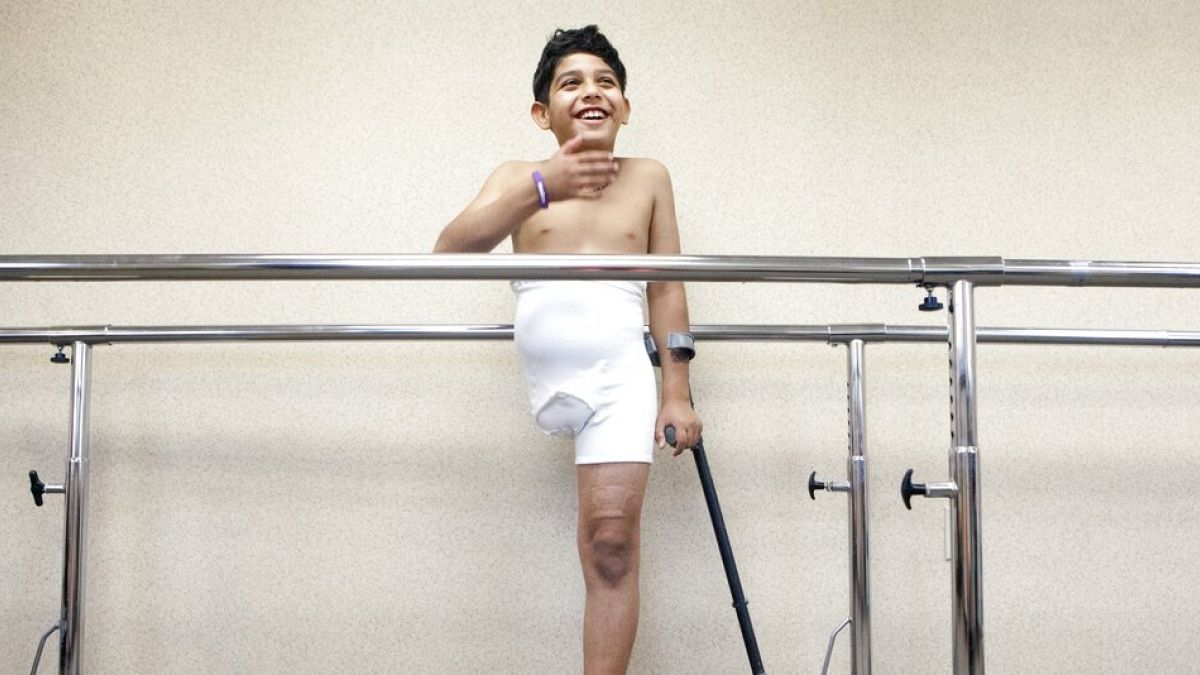 Wednesday, May 1, 2013 a 9-year-old boy in Iraq who lost his right leg in a bombing during the US-invasion. 