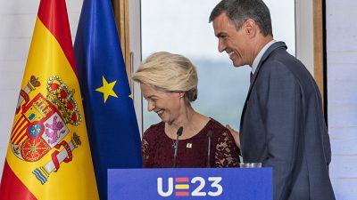 European Commission President Ursula von der Leyen and Spanish Prime Minister Pedro Sanchez in Madrid on July 3, 2023.
