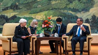 Janet Yellen amerikai pénzügyminiszter és Li Csiang kínai miniszterelnök megbeszélése, Peking, 2023 július 7.