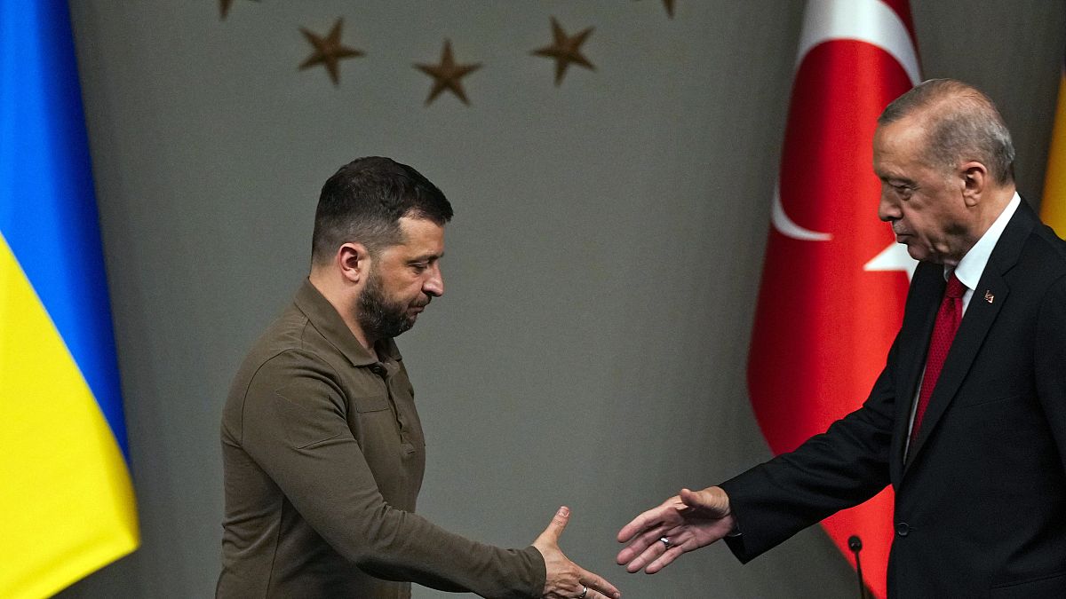 Recep Tayyip Erdogan kézfogása Volodimir Zelenszkijjel a megbeszélésüket követő sajtótájékoztatón Isztambulban 2023. július 8-án