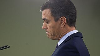 Spain's Prime Minister Pedro Sanchez pauses as he reads a statement at the Moncloa Palace in Madrid