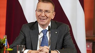  Latvian President Edgars Rinkevics speaks to the media after lawmakers elected him in the Saeima, the Latvian Parliament in Riga, Latvia, Wednesday, May 31, 2023