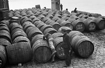 تخلیه بشکه‌های شراب الجزایری در بندر مارسی فرانسه، ۱۹۴۶
