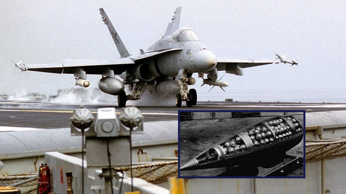 Kazettás bombák bevetésére alkalmas katonai repülőgép és egy kazettás bomba belseje - iluusztráció