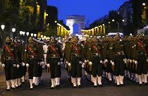 Indian soldiers march on the Champs Elysees avenue during a rehearsal for the Bastille Day parade in Paris, France, Monday, July 10, 2023.