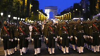 Indian soldiers march on the Champs Elysees avenue during a rehearsal for the Bastille Day parade in Paris, France, Monday, July 10, 2023. 