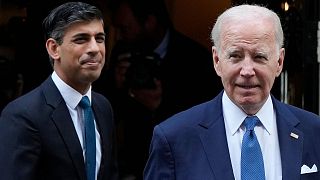 US President Joe Biden and Britain's Prime Minister Rishi Sunak leave 10 Downing Street after a meeting in London