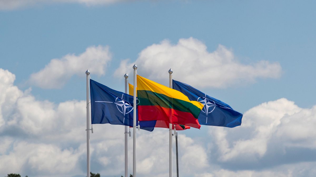 The flags of NATO and Lithuania. 