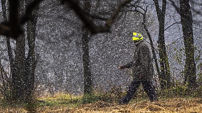 A man walks in a park during a snow storm in Johannesburg, South Africa, Monday, July 10, 2023. Temperatures dropped to sub-zero as a rare cold front hit Johannesburg.