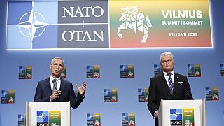 NATO Secretary General Jens Stoltenberg, left, and Lithuania's President Gitanas Nauseda participate in a media conference ahead of a NATO summit in Vilnius, Lithuania, Monday
