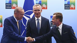 Turkey's President Recep Tayyip Erdogan shakes hands with Sweden's Prime Minister Ulf Kristersson as NATO Secretary General Jens Stoltenberg looks on in Vilnius, 10 July 2023