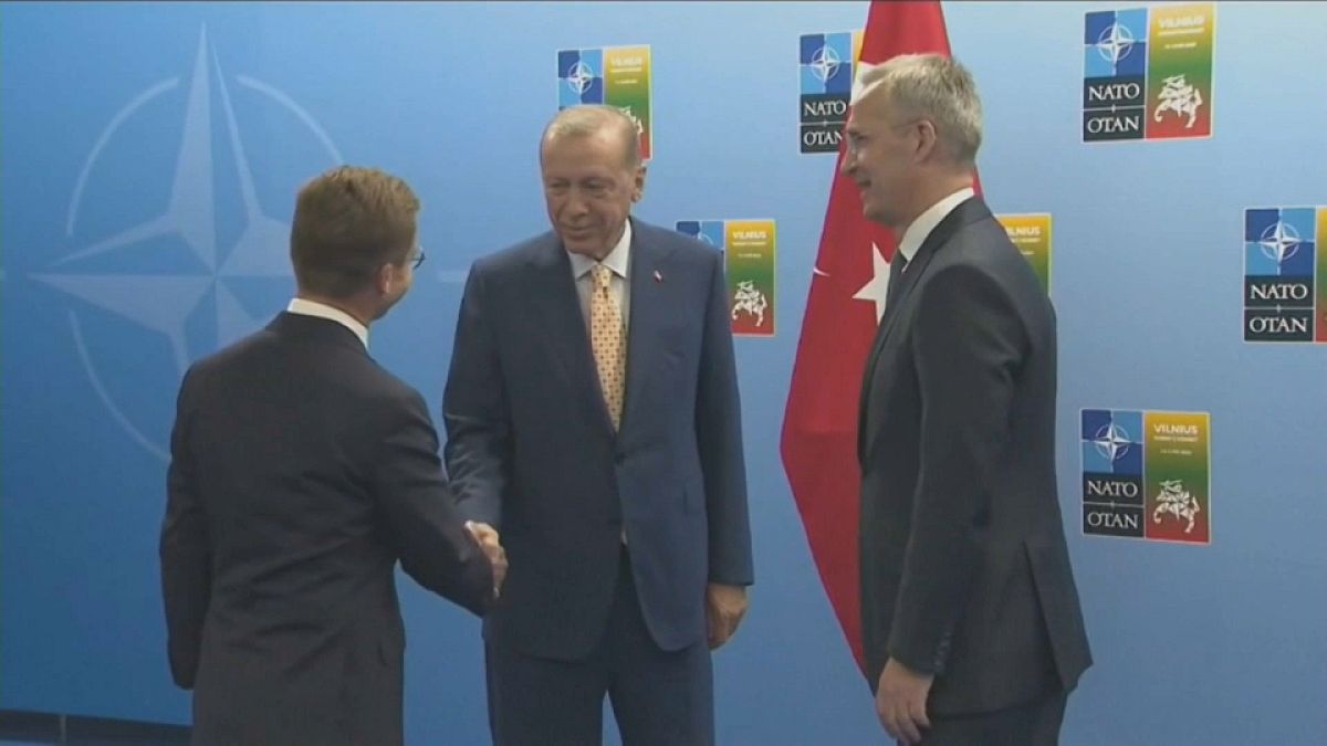Recep Tayyip Erdogan, presidente de Turquía; Jens Stoltenberg, secretario general de la OTAN;  Ulf Kristersson, primer ministro de Suecia