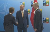 Recep Tayyip Erdogan, presidente de Turquía; Jens Stoltenberg, secretario general de la OTAN;  Ulf Kristersson, primer ministro de Suecia