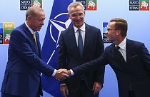 A török elnök és a svéd miniszterelnök kézfogásának örül a NATO főtitkára