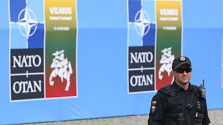 Security officers patrols at the venue of a NATO summit in Vilnius, Lithuania, Monday, July 10, 2023.
