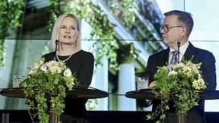 Finland's new Prime Minister Petteri Orpo (R) and his new Finance Minister Riikka Purra hold a press conference in Helsinki, Finland on June 20, 2023