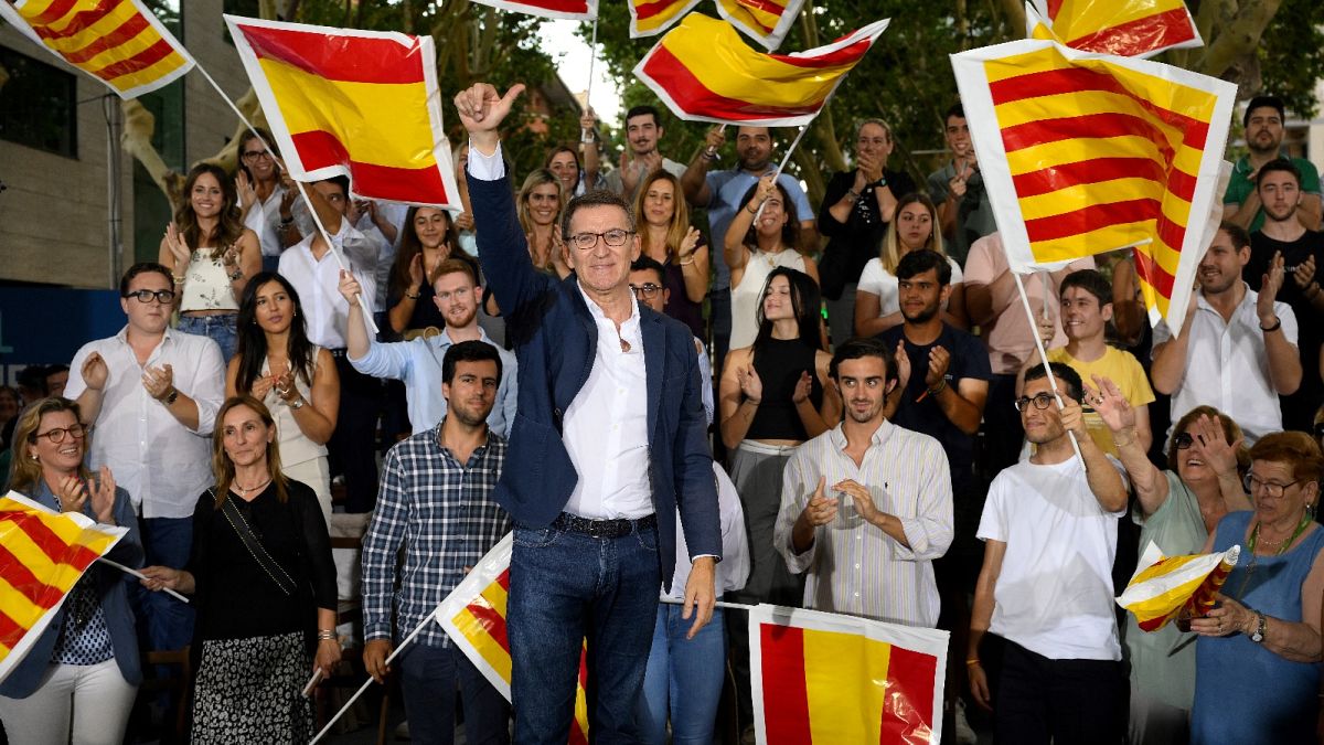 Il leader del partito di opposizione di centro-destra spagnolo Partido Popular (PP) Alberto Núñez Feijóo durante la campagna elettorale. (Barcellona, 6.7.2023)