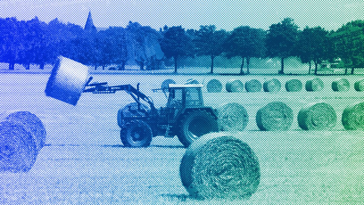 A tractor transports bales of straw on a field near Grimmen, August 2008
